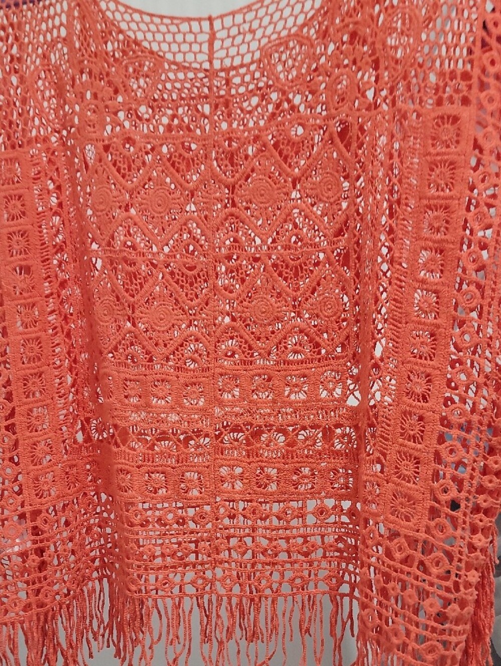 Crocheted Fringe Cover-Up Top in Coral Large/extra Large. Very Cute! - Picture 10 of 10
